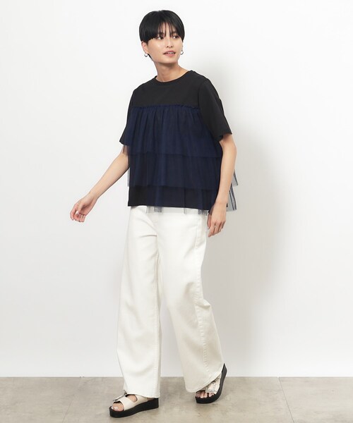 OPAQUE.CLIP(オペークドットクリップ)の「◆チュールドッキングTシャツ【洗濯機洗い可】(Tシャツ/カットソー・レディース・チャコール/ブラック系4/ホワイト系5・40/38/36)」の6枚目の写真