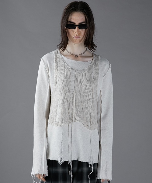 PRANK PROJECT（プランクプロジェクト）の「メッシュレイヤードトップ / Mesh Layered Top（Tシャツ/カットソー・レディース・ブラック/オフホワイト/グレー・FREE）」の2枚目の写真