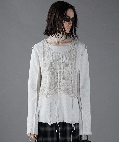 PRANK PROJECT（プランクプロジェクト）の「メッシュレイヤードトップ / Mesh Layered Top（Tシャツ/カットソー・レディース・ブラック/オフホワイト/グレー・FREE）」の5枚目の写真