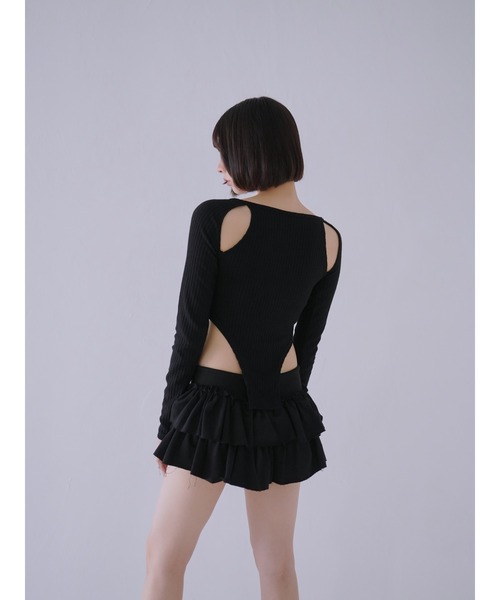 Uenui（ウニュイ）の「カッティング リボン トップス ボディスーツ 長袖 カットソー トップス カットアウト リボン（Tシャツ/カットソー・レディース・ブラック/ホワイト/チャコールグレー・FREE）」の8枚目の写真