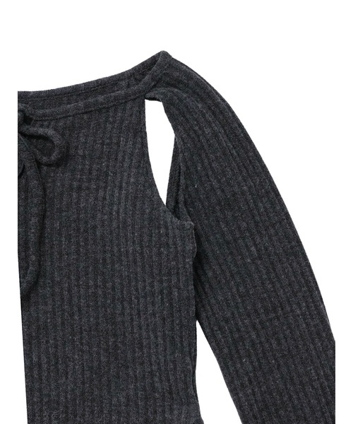 Uenui（ウニュイ）の「カッティング リボン トップス ボディスーツ 長袖 カットソー トップス カットアウト リボン（Tシャツ/カットソー・レディース・ブラック/ホワイト/チャコールグレー・FREE）」の18枚目の写真