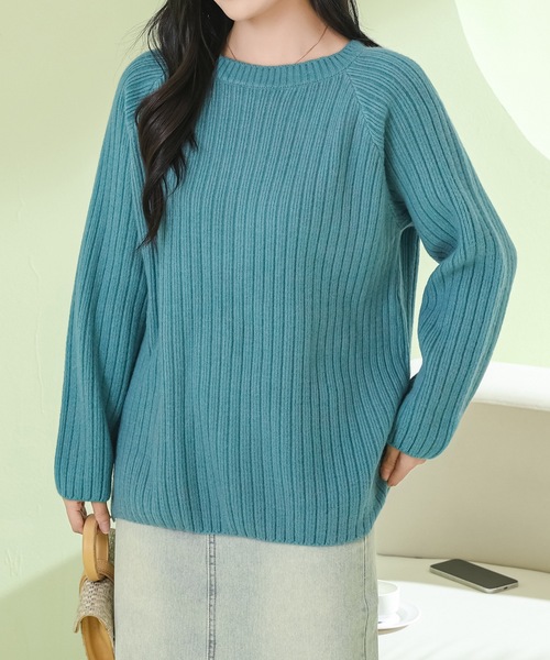Lace Ladies(レースレディース)の「ソリッドカラー ラウンドネック 長袖 リブ ニット プルオーバー(ニット/セーター・レディース・ダークグレー/アイボリー/ブルー・FREE)」の1枚目の写真