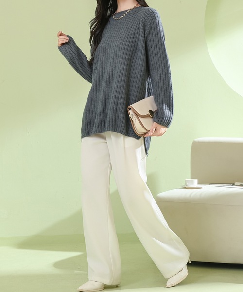 Lace Ladies(レースレディース)の「ソリッドカラー ラウンドネック 長袖 リブ ニット プルオーバー(ニット/セーター・レディース・ダークグレー/アイボリー/ブルー・FREE)」の6枚目の写真