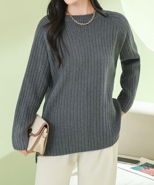 Lace Ladies(レースレディース)の「ソリッドカラー ラウンドネック 長袖 リブ ニット プルオーバー(ニット/セーター・レディース・ダークグレー/アイボリー/ブルー・FREE)」の7枚目の写真