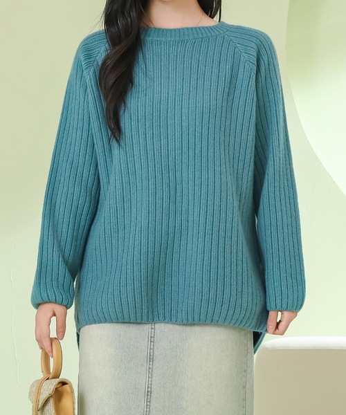 Lace Ladies(レースレディース)の「ソリッドカラー ラウンドネック 長袖 リブ ニット プルオーバー(ニット/セーター・レディース・ダークグレー/アイボリー/ブルー・FREE)」の9枚目の写真
