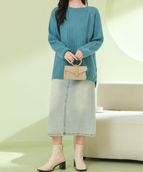 Lace Ladies(レースレディース)の「ソリッドカラー ラウンドネック 長袖 リブ ニット プルオーバー(ニット/セーター・レディース・ダークグレー/アイボリー/ブルー・FREE)」の10枚目の写真