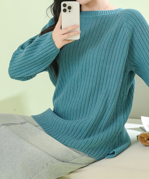 Lace Ladies(レースレディース)の「ソリッドカラー ラウンドネック 長袖 リブ ニット プルオーバー(ニット/セーター・レディース・ダークグレー/アイボリー/ブルー・FREE)」の13枚目の写真