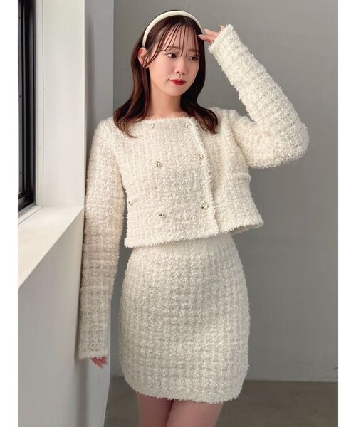 dazzlin（ダズリン）の「【セットアップ対応】ツイードライクダブルニットジャケット（ノーカラージャケット・レディース・ブラック/ブルー/アイボリー・SMALL/MEDIUM）」の4枚目の写真