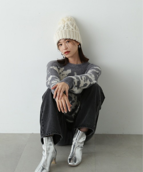 N.(N. Natural Beauty Basic)(エヌエヌナチュラルビューティーベーシック)の「◆ケーブルポンポンニットキャップ(ニットキャップ/ビーニー・レディース・ライトグレー/オフホワイト・フリ-)」の3枚目の写真