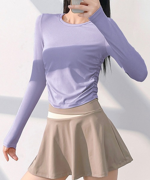 DAY CLOSET（デイ クローゼット）の「レディース 長袖サイドギャザーラウンドヘムリブヨガトップスピラティスウェア[トレーニングウェア/ジムウェア/ピラティスウェア]（その他トップス・レディース・ダークブラウン/ブラック/オフホワイト/キナリ/パープル/グレー・S/XL/M/L）」の6枚目の写真