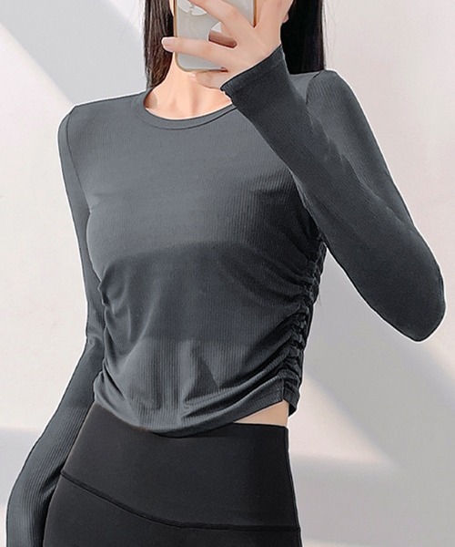 DAY CLOSET（デイ クローゼット）の「レディース 長袖サイドギャザーラウンドヘムリブヨガトップスピラティスウェア[トレーニングウェア/ジムウェア/ピラティスウェア]（その他トップス・レディース・ダークブラウン/ブラック/オフホワイト/キナリ/パープル/グレー・S/XL/M/L）」の4枚目の写真