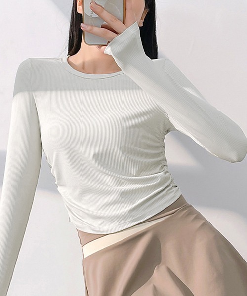 DAY CLOSET（デイ クローゼット）の「レディース 長袖サイドギャザーラウンドヘムリブヨガトップスピラティスウェア[トレーニングウェア/ジムウェア/ピラティスウェア]（その他トップス・レディース・ダークブラウン/ブラック/オフホワイト/キナリ/パープル/グレー・S/XL/M/L）」の21枚目の写真