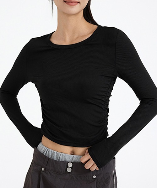 セール】レディース 長袖サイドギャザーラウンドヘムリブヨガトップス