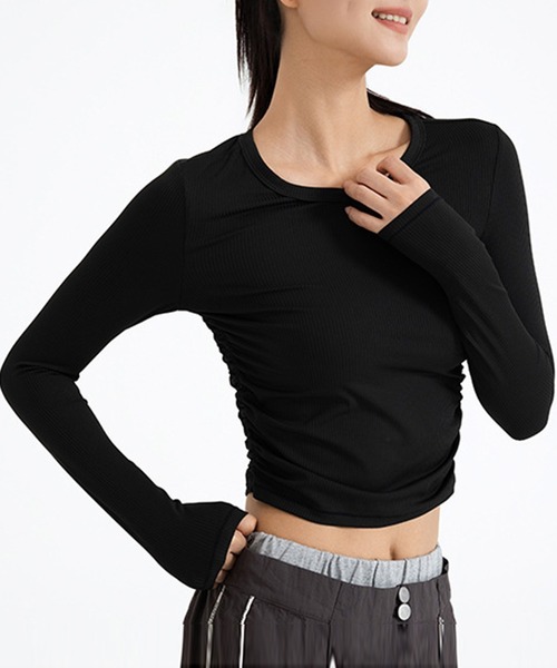 DAY CLOSET（デイ クローゼット）の「レディース 長袖サイドギャザーラウンドヘムリブヨガトップスピラティスウェア[トレーニングウェア/ジムウェア/ピラティスウェア]（その他トップス・レディース・ダークブラウン/ブラック/オフホワイト/キナリ/パープル/グレー・S/XL/M/L）」の17枚目の写真