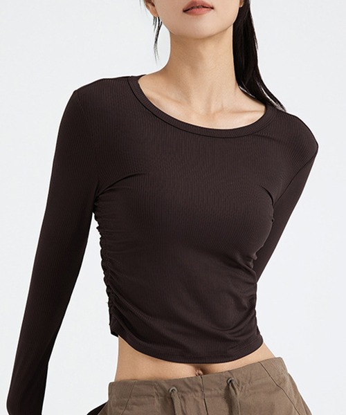 DAY CLOSET（デイ クローゼット）の「レディース 長袖サイドギャザーラウンドヘムリブヨガトップスピラティスウェア[トレーニングウェア/ジムウェア/ピラティスウェア]（その他トップス・レディース・ダークブラウン/ブラック/オフホワイト/キナリ/パープル/グレー・S/XL/M/L）」の20枚目の写真