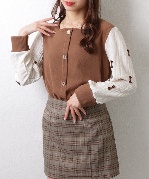 Lace Ladies(レースレディース)の「スクエアネック ソリッドカラー リボンスリーブ フロントボタン プルオーバー トップス(ニット/セーター・レディース・ブラック/モカ・M/XL)」の10枚目の写真