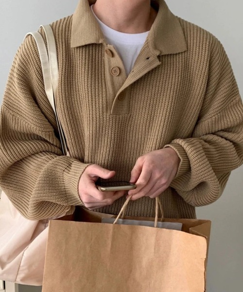 Otte（オッテ）の「バルーンニットポロシャツ（ニット/セーター・メンズ・カーキ・LARGE/MEDIUM/XX-LARGE/X-LARGE）」の2枚目の写真