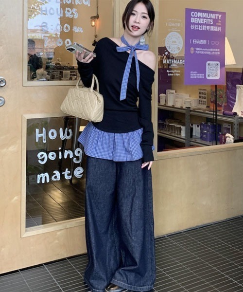 i-dare(アイディア)の「【i-dare】オフショルダー フェイクレイヤード 長袖 トップス(Tシャツ/カットソー・レディース・ブラック/グレー・SMALL/MEDIUM/LARGE)」の4枚目の写真