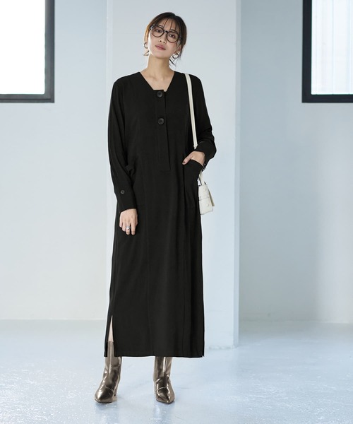 STYLE DELI（スタイルデリ）の「フロント２ボタン台形ネックワンピース（ワンピース・レディース・モカ/ブラック・MEDIUM/SMALL）」の3枚目の写真