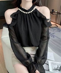 シフォン ホルター ネック パール ブラウス