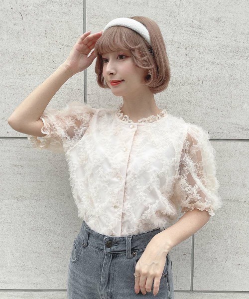 F i.n.t（フィント）の「チュールフリルチェックブラウス/ fint　フィント（シャツ/ブラウス・レディース・ピンクベージュ/ホワイト・FREE）」の2枚目の写真