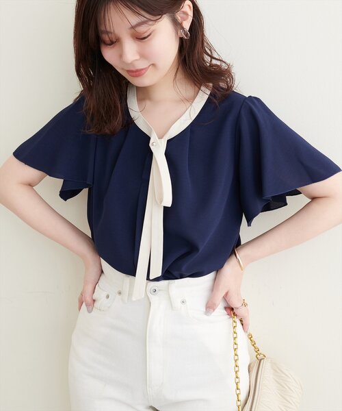 natural couture（ナチュラルクチュール）の「【WEB限定】配色リボンタイフレアスリーブブラウス（シャツ/ブラウス・レディース・アイボリー/グレー/ミント/ネイビー/ドット・FREE）」の4枚目の写真