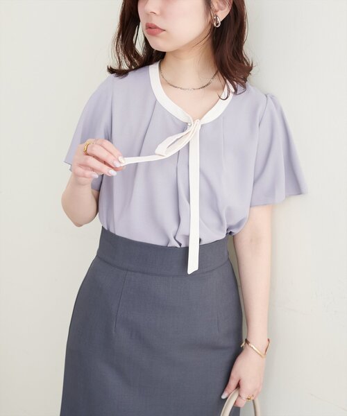 natural couture(ナチュラルクチュール)の「【WEB限定】配色リボンタイフレアスリーブブラウス(シャツ/ブラウス・レディース・アイボリー/グレー/ミント/ネイビー/ドット・FREE)」の3枚目の写真
