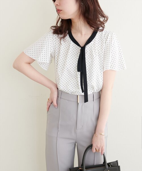 natural couture(ナチュラルクチュール)の「【WEB限定】配色リボンタイフレアスリーブブラウス(シャツ/ブラウス・レディース・アイボリー/グレー/ミント/ネイビー/ドット・FREE)」の15枚目の写真