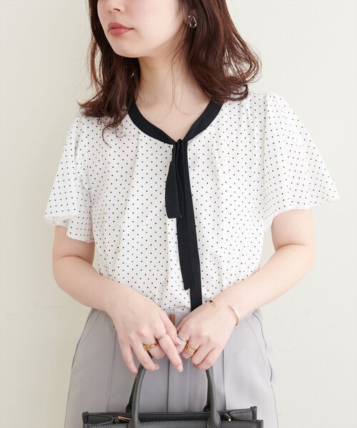 natural couture（ナチュラルクチュール）の「【WEB限定】配色リボンタイフレアスリーブブラウス（シャツ/ブラウス・レディース・アイボリー/グレー/ミント/ネイビー/ドット・FREE）」の16枚目の写真