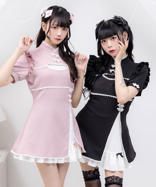 DearMyLove(ディアマイラブ)の「チャイナ釦スリットワンピース(ワンピース・レディース・ベビーピンク/パープル/サックスブルー/ブラック・MEDIUM/LARGE/LL/3L)」の2枚目の写真