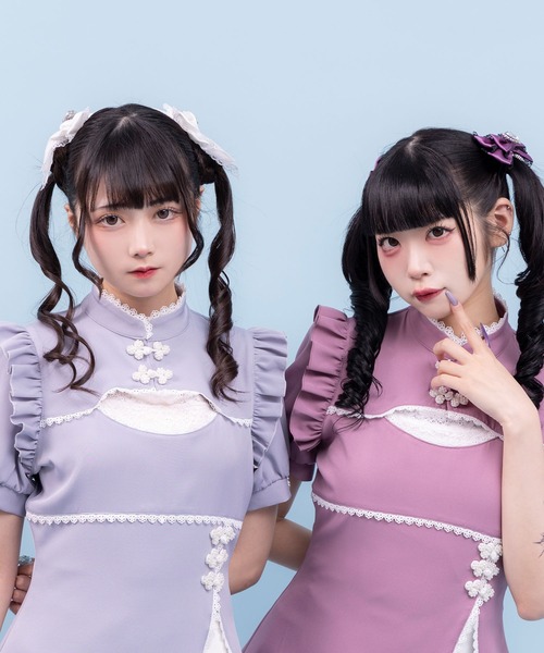DearMyLove(ディアマイラブ)の「チャイナ釦スリットワンピース(ワンピース・レディース・ベビーピンク/パープル/サックスブルー/ブラック・MEDIUM/LARGE/LL/3L)」の5枚目の写真