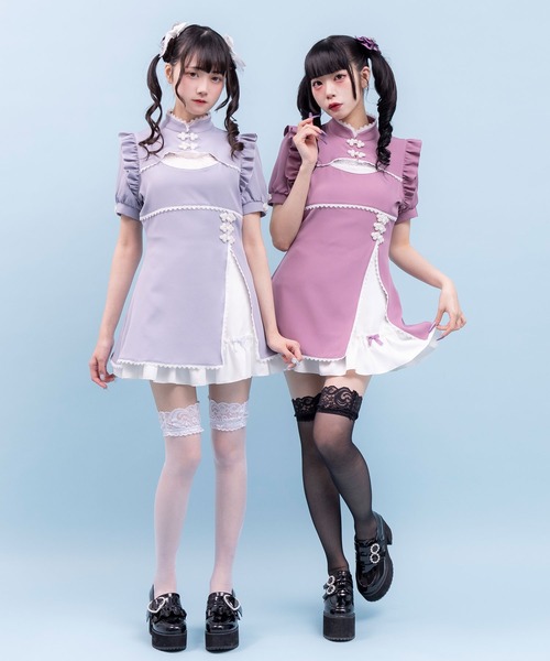 DearMyLove(ディアマイラブ)の「チャイナ釦スリットワンピース(ワンピース・レディース・ベビーピンク/パープル/サックスブルー/ブラック・MEDIUM/LARGE/LL/3L)」の6枚目の写真