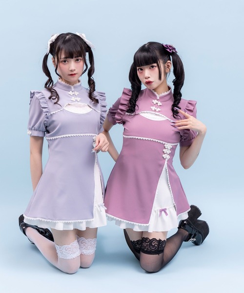 DearMyLove(ディアマイラブ)の「チャイナ釦スリットワンピース(ワンピース・レディース・ベビーピンク/パープル/サックスブルー/ブラック・MEDIUM/LARGE/LL/3L)」の10枚目の写真