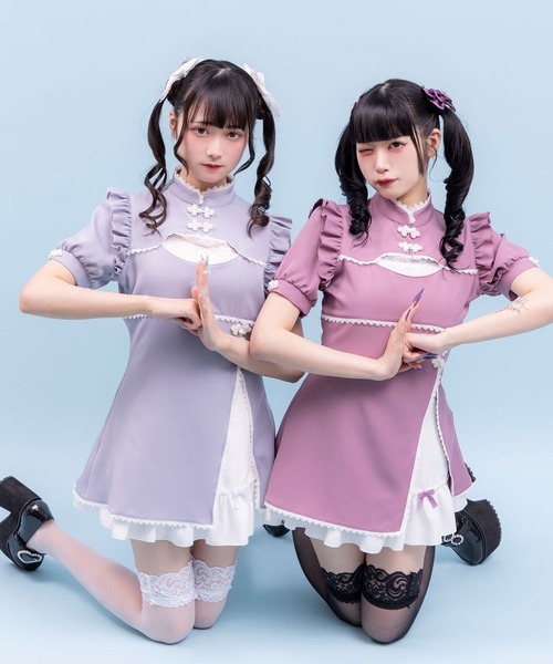 DearMyLove(ディアマイラブ)の「チャイナ釦スリットワンピース(ワンピース・レディース・ベビーピンク/パープル/サックスブルー/ブラック・MEDIUM/LARGE/LL/3L)」の11枚目の写真