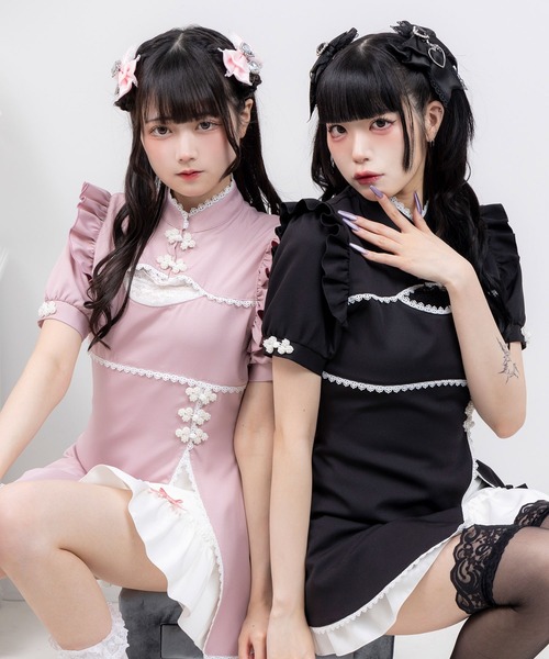 DearMyLove(ディアマイラブ)の「チャイナ釦スリットワンピース(ワンピース・レディース・ベビーピンク/パープル/サックスブルー/ブラック・MEDIUM/LARGE/LL/3L)」の15枚目の写真