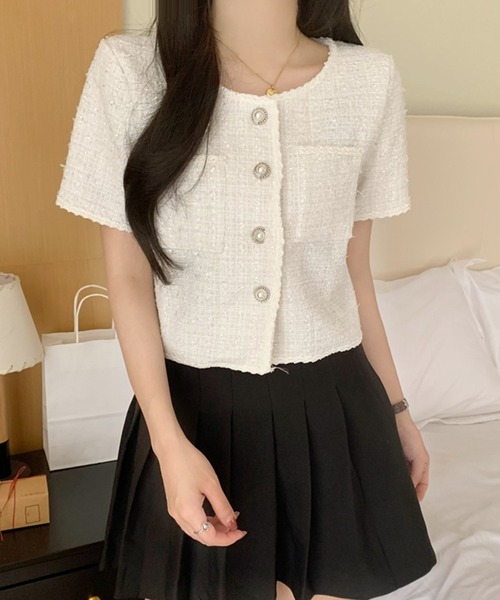 Kuroba(クロバ)の「ツイード風チェック柄ノーカラー半袖ジャケット(ノーカラージャケット・レディース・ブルー/ブラック/ホワイト・L/M)」の9枚目の写真