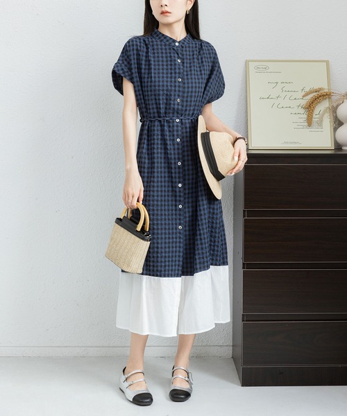 MAISON DE THERESE(メゾン ド テレーズ)の「トレンドのチェック柄 半袖ワンピース(ワンピース・レディース・ネイビー/ブラック・M/L)」の4枚目の写真