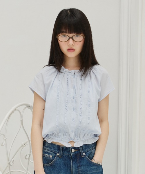 GIUNON(ジウノン)の「frill line puff blouse / フリルラインパフブラウス(シャツ/ブラウス・レディース・ブルー/ブラック/ホワイト/イエロー・FREE)」の3枚目の写真