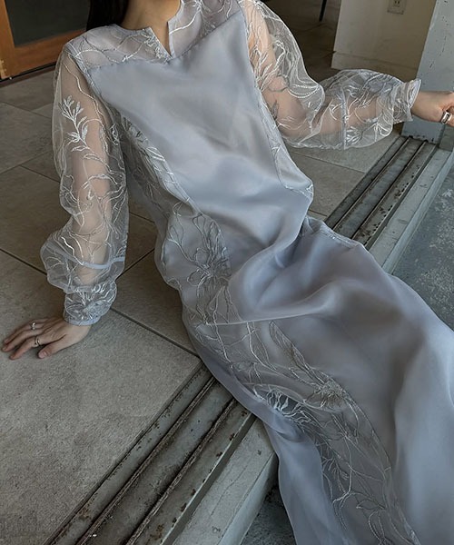 セール】sheer tulle embroidery panel OP（ワンピース