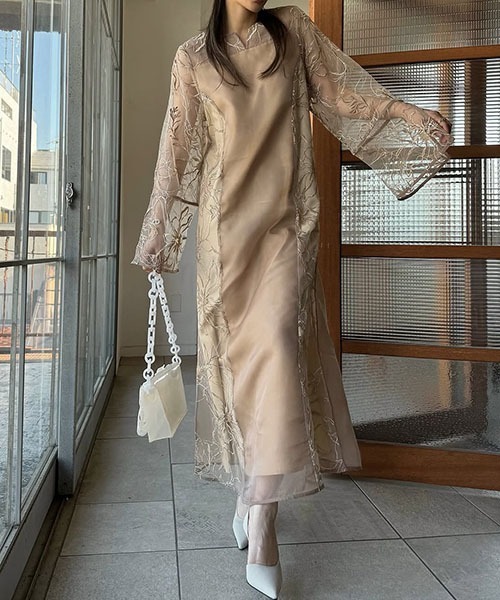 セール】sheer tulle embroidery panel OP（ワンピース