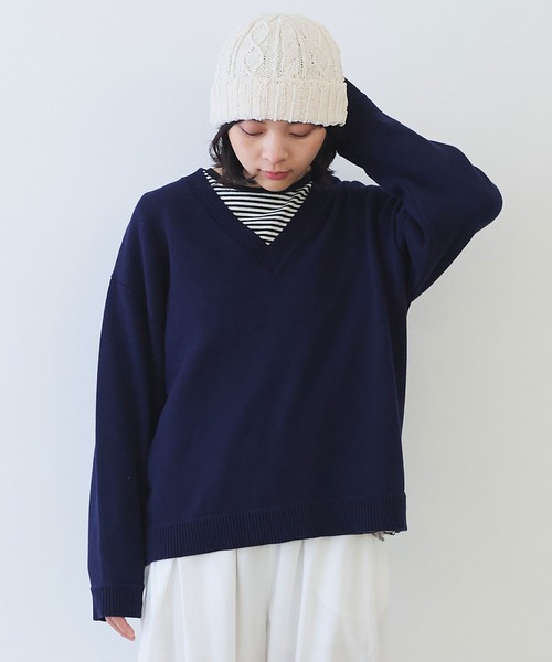 bulle de savon(ビュルデサボン)の「●basic cotton Vネックプルオーバー(ニット/セーター・レディース・ネイビー/マスタード/アイボリー・FREE)」の3枚目の写真