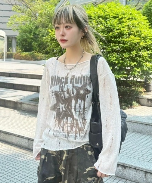 seyto Two tone damage knit グレー XU】see-through damage knit（Tシャツ/カットソー）｜XU