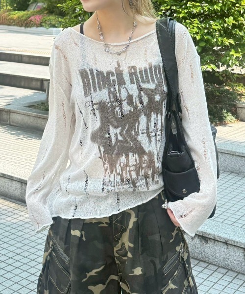 seyto Two tone damage knit グレー XU】see-through damage knit（Tシャツ/カットソー）｜XU