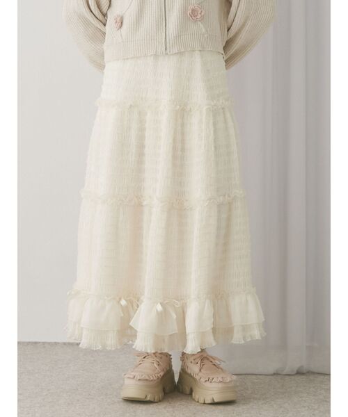 merry jenny(メリージェニー)の「ribbonチュールギャザーフレアスカート(スカート・レディース・ブラック/アイボリー・FREE)」の2枚目の写真