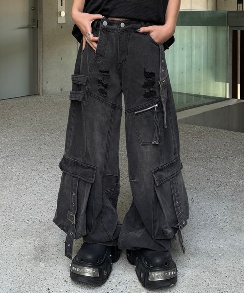 Ksg ワイドレッグベルトデザインデニム セール】ワイドレッグベルトデザインデニム(デニムパンツ