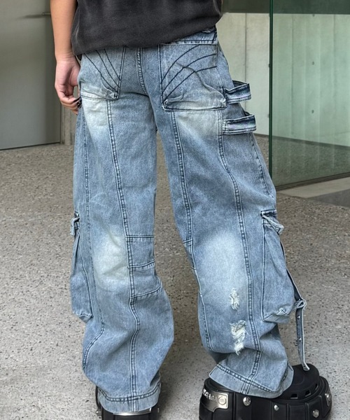 personsoul似 デニム グラフィックデニムパンツ ワイドレッグ セール】ハイウエスト OVER LAP ワイドレッグデニムパンツ