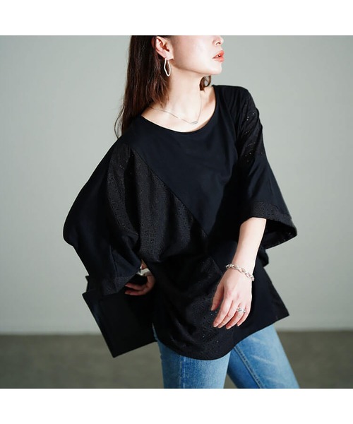 【フランス雑貨マリンセール】額装2点 セール】レース切り替えドルマンプルオーバー【大きいサイズ対応