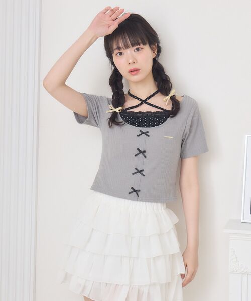 ems excite（エムズエキサイト）の「前リボンキャミドッキングCT（Tシャツ/カットソー・レディース・ピンク/ダークグレー/ブラック/ブラウン・FREE）」の17枚目の写真