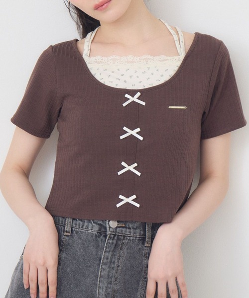 ems excite（エムズエキサイト）の「前リボンキャミドッキングCT（Tシャツ/カットソー・レディース・ピンク/ダークグレー/ブラック/ブラウン・FREE）」の3枚目の写真