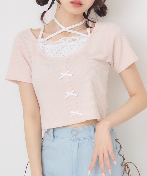 ems excite（エムズエキサイト）の「前リボンキャミドッキングCT（Tシャツ/カットソー・レディース・ピンク/ダークグレー/ブラック/ブラウン・FREE）」の4枚目の写真